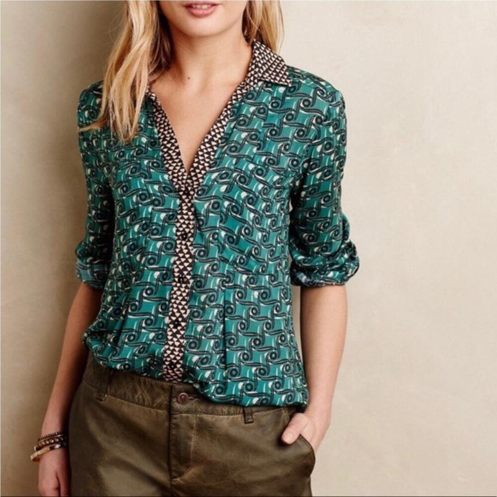 Anthropologie Maeve Casia Henley Green Black Long Sleeve Top 4